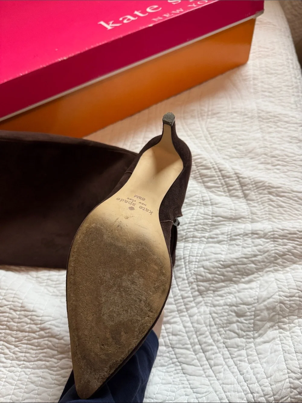 kate spade Dark Brown Suede Pointed-Toe Mid-Calf Heeled Boots with Bow
